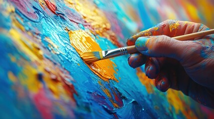 Fototapeta premium Close-up of hand painting vibrant colors onto canvas.