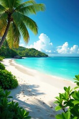 Fototapeta premium Serene Tropical Beach Paradise White Sand, Azure Waters, Lush Green Foliage, and Palm Tree Shadows