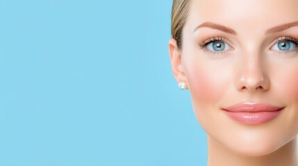 Fototapeta premium Close up portrait of a young woman with light skin and blonde hair against a light blue background. Her face shows a soft, subtle texture. She wears