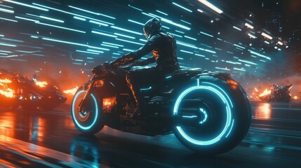 A modern-day Valkyrie riding a motorcycle through a futuristic battlefield, intense and dynamic