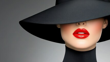 Close up of a woman's face partially obscured by a wide brimmed black hat, showcasing bright red lipstick and flawless skin against a gray