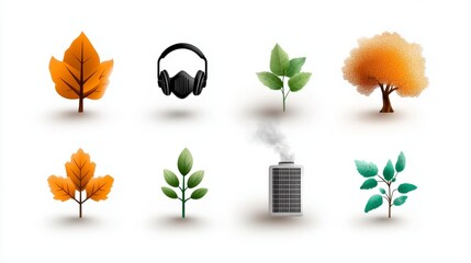 Artistic Representation of Nature and Urban Life Featuring Leaves, Plants, Headphones, and a Smoggy Building