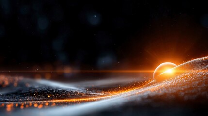 Glimmering Sunset Over Mystic Horizon with Sparkling Particles and Ethereal Light Waves in Dark Background