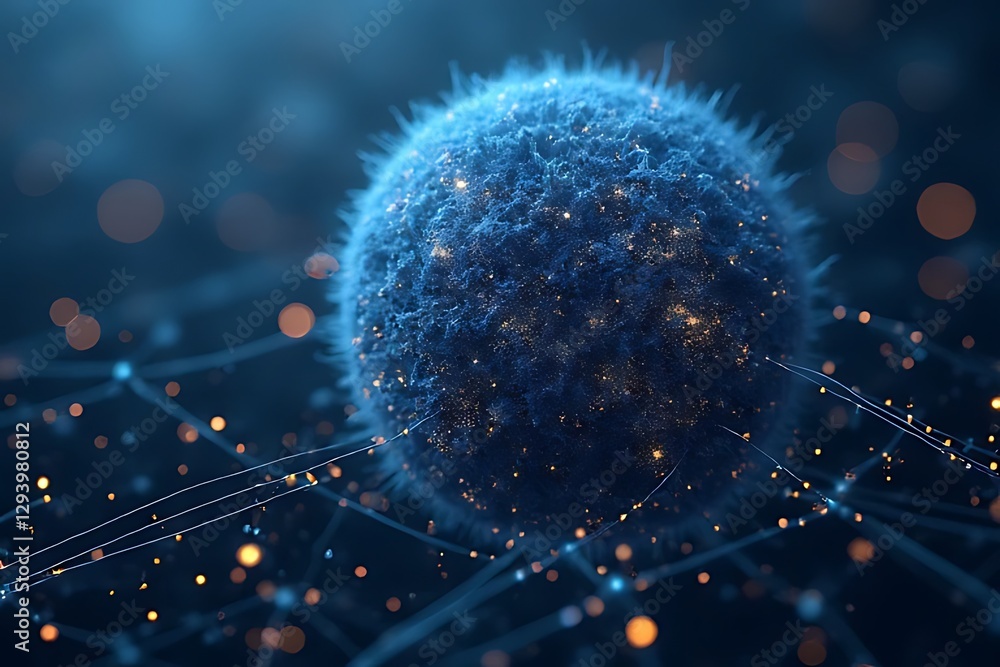 Poster intricate blue orb glows amid a web of connected lines and bokeh lights, mysterious digital.