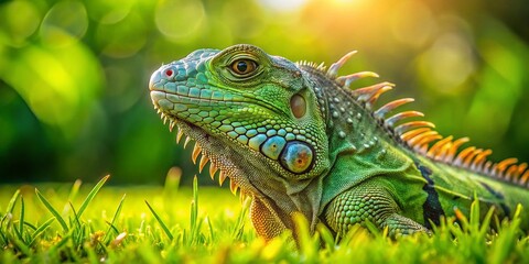 Obraz premium Green Iguana Resting on Lush Grass, Tropical Lizard in Natural Habitat
