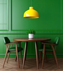 Modern Green Interior with Round Table and Yellow Pendant Lamp