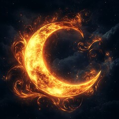 The luminous glowing golden crescent moon against dark sky