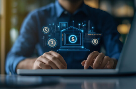 Digital finance concept, holographic icons, cryptocurrency symbols, person using laptop, blue technology glow, financial technology, data visualization, dark background, futuristic interface - Powered by Adobe