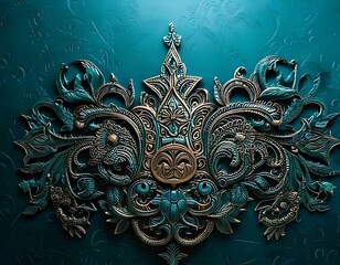 Intricate teal and gold patterns form a regal, ornamental crest with delicate details.