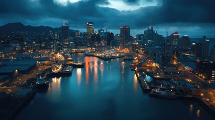 Obraz premium A breathtaking aerial view of Auckland's cityscape at night, with skyscrapers lit up and the water reflecting the lights.