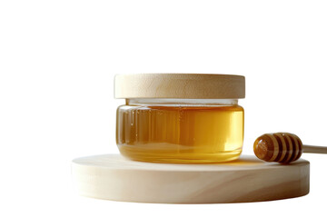 Jar of Honey with a Wooden Dipper and Natural Label: Isolated on Transparent Background