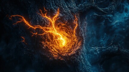 Fototapeta premium Fiery orange and yellow lightning bolt glows on a dark, textured backdrop, radiating vibrant energy and mystery from its luminous core