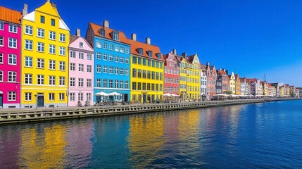 Obraz premium Vibrant colorful buildings line a calm canal, reflecting in the clear water under a bright blue sky. A sunny day scene in a European city