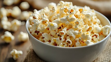 A close-up of a bowl of mixed popcorn with a hint of butter, set on a wooden surface.