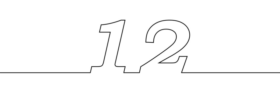 A single line drawing of a twelve symbol. One line icon. Continuous line twelveth number icon. Vector illustration.
