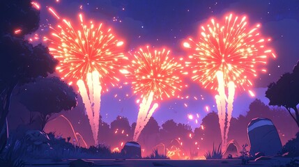 Spectacular Fireworks Display Illuminating the Night Sky over a Landscape