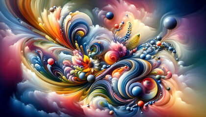 Dynamic abstract artwork featuring colorful floral elements, swirling patterns, and vibrant gradients, creating a mesmerizing and dreamlike effect...