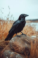 Fototapeta premium Black Crow Perched on Rock