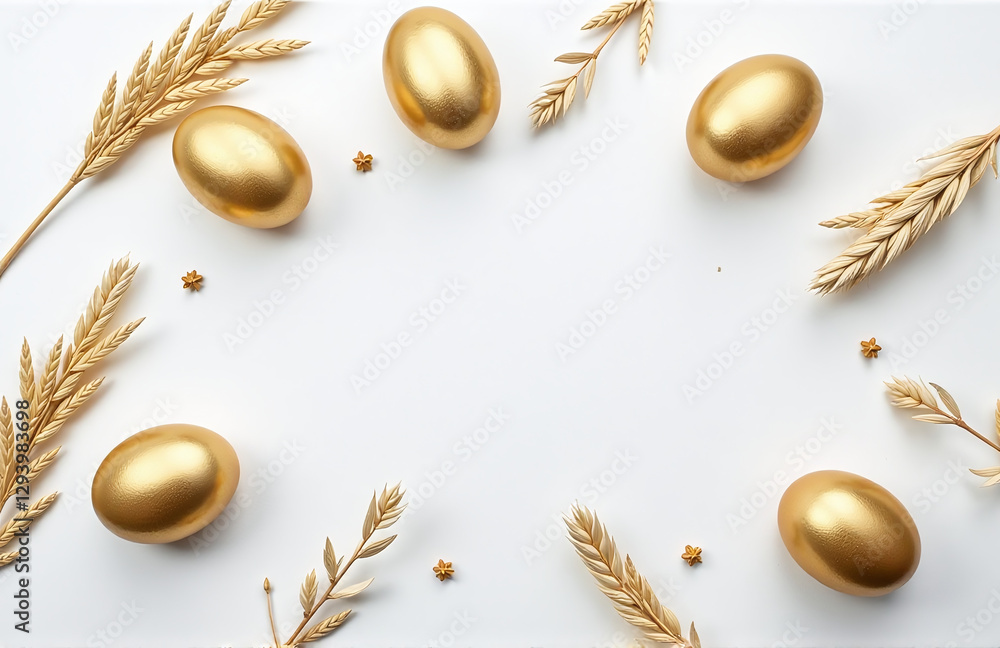Poster golden eggs on a white background with dried flax and linum, creating a flat lay easter decoration s