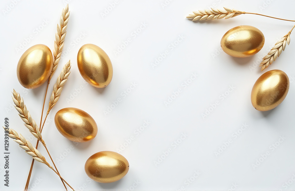 Poster golden eggs on a white background with dried flax and linum, creating a flat lay easter decoration s