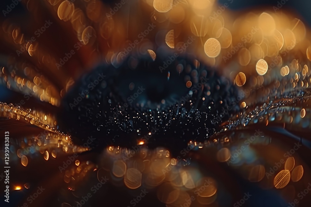 Poster a close-up of a flower with shimmering droplets, illuminated by soft, warm light, creating a dreamy 