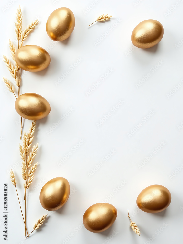 Aufkleber golden eggs on a white background with dried flax and linum, creating a flat lay easter decoration s
