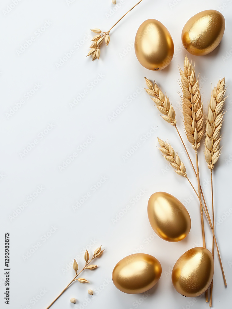 Poster golden eggs on a white background with dried flax and linum, creating a flat lay easter decoration s