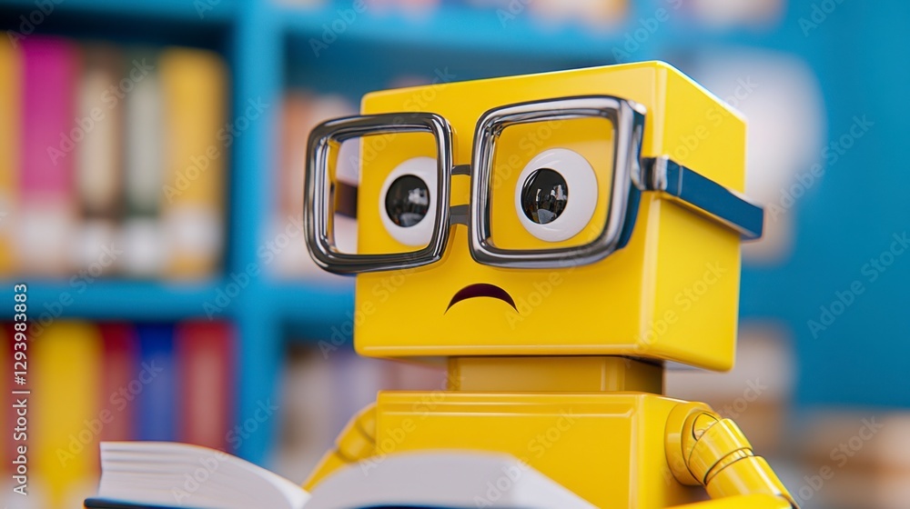 Poster yellow robot with glasses looks concerned while reading a book in a library setting. the robot has a