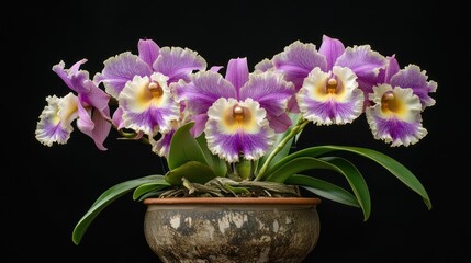 Purple orchids in terracotta pot, dark background, floral arrangement, home decor