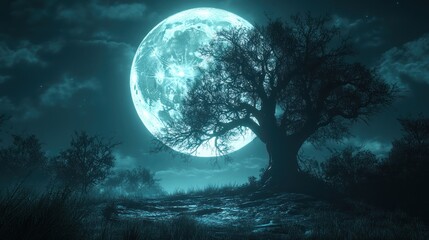 Large teal moon illuminating a solitary tree at night.