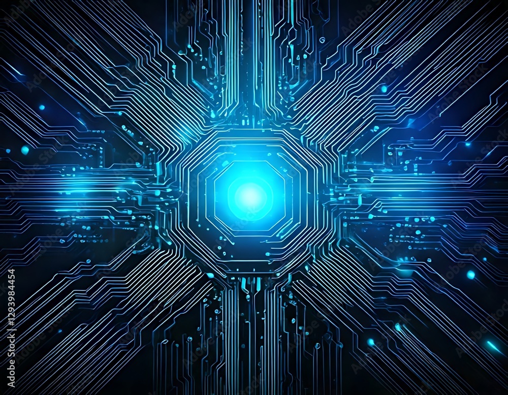 Poster luminous blue circuit board radiates intricate lines from a central hub.