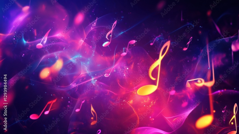 Poster vibrant musical notes floating in colorful abstract background