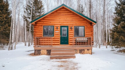 Cozy wooden cabin nestled in a snowy winter forest. Brown log exterior, green door, wooden porch, and steps leading to the entrance. Snow covers the