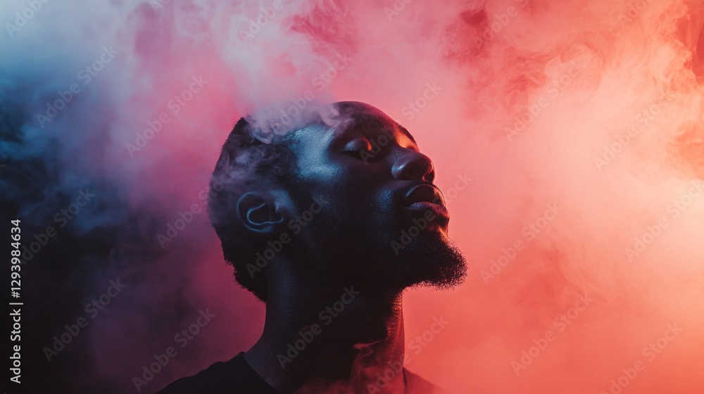 Poster a person stands in quiet contemplation, their profile illuminated by swirling colors of blue and red