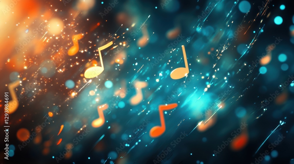 Poster colorful abstract music notes floating in shimmering background