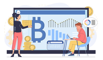 People analyzing Bitcoin with charts and coins, flat graphic style, on white background. Concept of cryptocurrency investment. Vector illustration