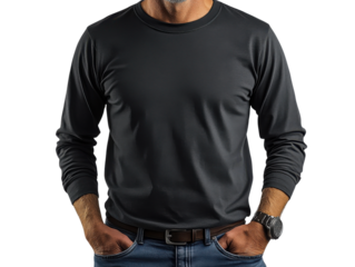 man wearing long sleeve black shirt and jeans, posing confidently