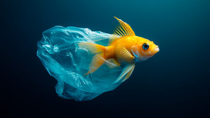A tropical fish inside a plastic bag floating in water. Concept for responsible waste management.