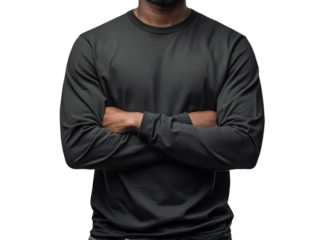 Black long sleeve shirt worn by person with crossed arms, conveying confidence and style