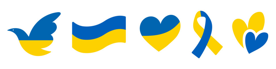 Vector Ukraine icons - flag, ribbon, heart, dove. Symbols of Ukraine.