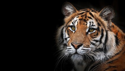 Striking Black Background Tiger, Majestic Feline Captured in High Contrast with Intense Gaze and Sleek Fur, Evoking Power and Grace.