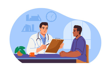 Doctor discussing with patient in clinic, flat style, on blue background. Concept of medical consultation. Vector illustration