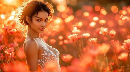 Woman in floral field, golden hour
