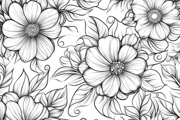 Elegant monochrome floral doodle with delicate leaves and swirling patterns for a seamless background