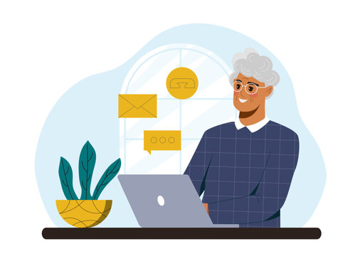 Elderly man using laptop with email, call, and chat icons. Flat graphic style on light blue background. Concept of senior digital communication. Vector illustration