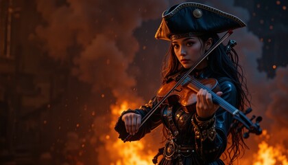 Obraz premium Fearless Pirate Girl Playing Violin Amidst Smoke and Flames