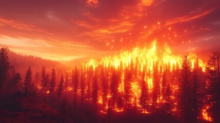 Fiery sunset over a forest engulfed in flames.