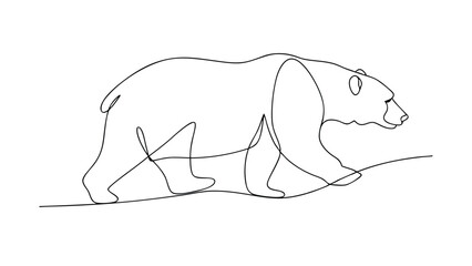 Obraz premium A minimalist line art drawing depicts a polar bear in profile, walking. The single continuous line creates the bears form, showcasing its body and legs in motion against a white background.