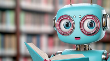 A cute, light blue robot with large eyes reads a book in a library setting. The background is softly blurred, showcasing bookshelves.  The robot's
