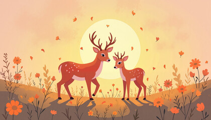 Naklejka premium Gentle mother and baby deer in wildflower meadow, harmony of nature